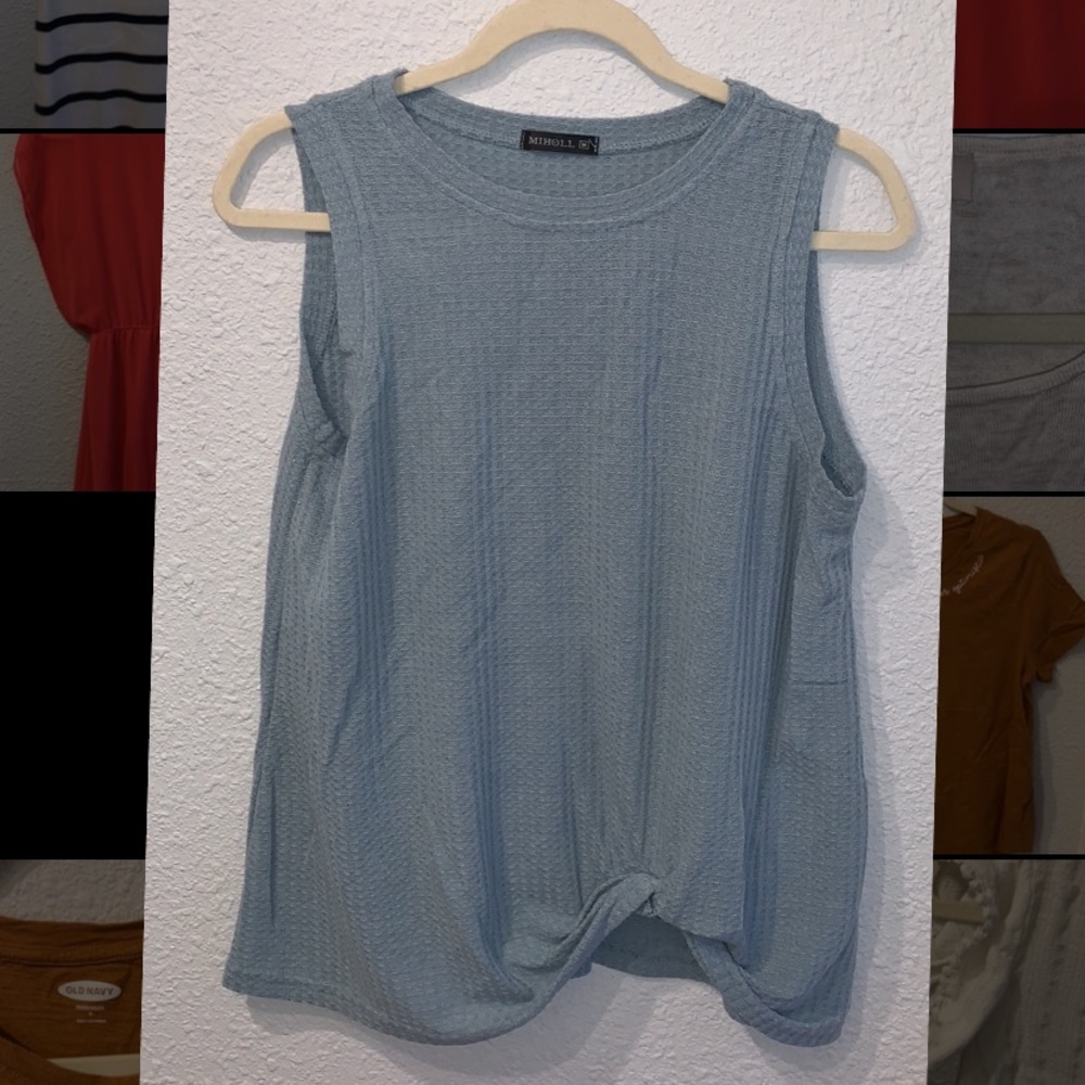 Blue waffle knit tank top with front knot